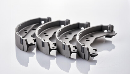 Four brake shoes arranged iside by side on a reflective surface
