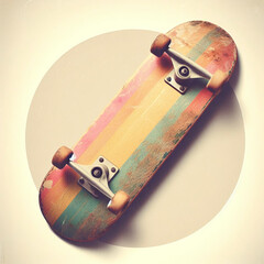 A retro-inspired underside of a skateboard adorned with colorful stripes, set against a beige background, reminiscent of vintage skateboarding culture.
