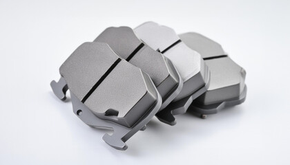 A set of brake pads isolated on a white background, showcasing their metallic texture and design