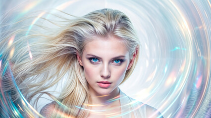 Beautiful female model in holographic clothes