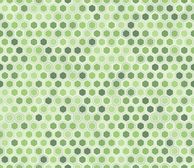 Minimal geometric background. Rounded hexagons mosaic pattern with inner solid cells. Green color tones. Hexagon geometric shapes. Tileable pattern. Seamless vector illustration.