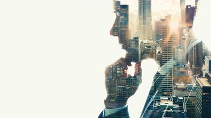 Double exposure of businessman in a suit with cityscape of New York City, on white background