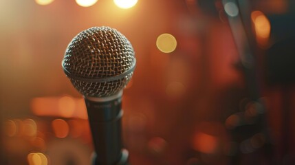 Close-up shot of a microphone in a concert hall or conference room.