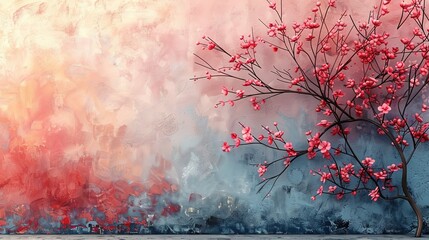 Painting of light reflection on the wall with branch. Watercolor pastel colors aesthetic minimalism...