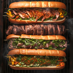 Deliciously stacked grilled beef and pork belly banh mi sandwiches, a tantalizing feast for the eyes and palate.