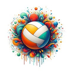 Vibrant Volleyball Surrounded by Colorful Abstract Shapes
