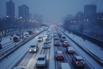 Snow-covered evening traffic in a city with vehicles on the road and streetlights on.