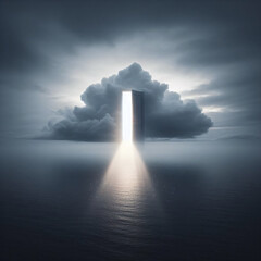 Mysterious door of light in the center of dark clouds over the ocean, concept of opportunity or the unknown.