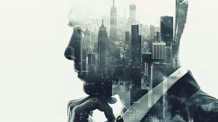Double exposure of businessman in a suit with cityscape of New York City, on white background