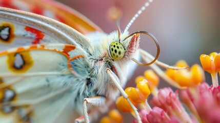 A beautiful close-up of a butterfly on a flower. The butterfly is white with yellow and orange markings, and the flower is pink with yellow stamen.