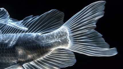 A close-up of a fish's tail. The scales and veins are clearly visible. The tail is translucent, so the light shines through it.