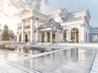 Detailed 3D rendering of a grand villa featuring a unique combination of realistic finishes and abstract wireframe, complete with copy space for expansive creative application