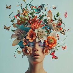Captivating Advertisement: Woman adorned in Fashionable Dress, Crowned with Colorful Flowers as Butterflies Dance Around