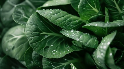Close-up of green leaves with water drops. The image is taken in a natural light. The leaves are fresh and have a vibrant green color.