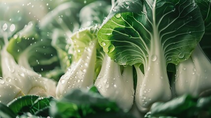 Close-up of fresh green and white napa cabbage with water drops.