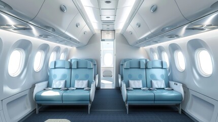 Cross-section view of an airplane interior showcasing the business class cabin with comfortable seats for travel.