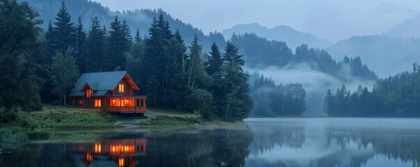 Fototapeta premium Tranquil lakeside cabin at dusk