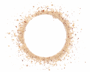 Hazelnuts ground pile in shape circle isolated on white, top view
