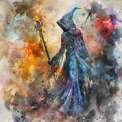 Mystical Painter in Cosmic Dreamscape Surreal Watercolor Fantasy