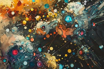 Nanobot Swarm Watercolor Graphic with High Detail and Vibrant Surreal Colors in a Futuristic Ethereal and Immersive Composition