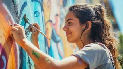 Young female artist with a ponytail smiles as she puts the finishing touches on a mural of a blue...