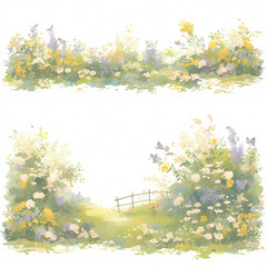 Enchanted Meadow Illustration: A Handcrafted Watercolor Flower Wonderland with a Seamless Boundary for Your Creative Projects