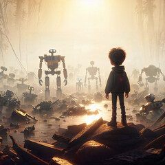 A child stands on a pile of garbage at a robot dump