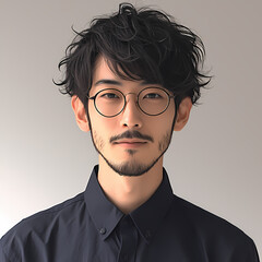 Stylish Asian Male with Beard and Eyeglasses Posing for Portrait