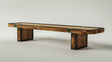 A long wooden bench with a green trim - obrazy, fototapety, plakaty