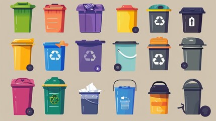 Flat illustration of street and in-house trash bins. Metal and plastic garbage containers. Colorful recycle trash buckets and bag vector set. Trash bin with pedal and swing top. Metal bucket with cap