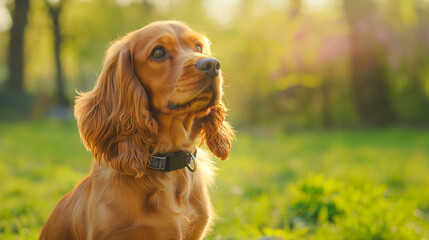Portrait of a cute brown cocker spaniel against the backdrop of a spring park in the rays of the setting spring sun. copy space