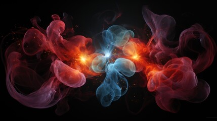 Abstract art representing quantum entanglement with swirling red and blue smoke-like patterns.