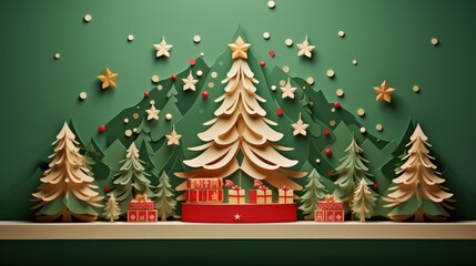 Paper art Merry Christmas banner on a studio table, room product display with free space