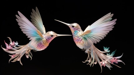 Paper art hummingbirds in flight on a black background