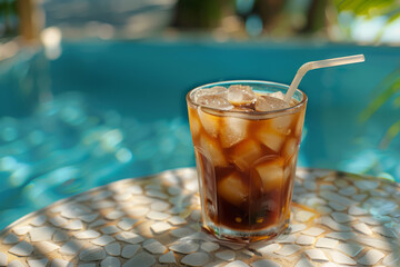Glass cup contains iced coffee with straw in poolside background. Generative AI