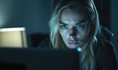 A female employee with gloomy mood looking at a screen
