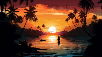 Obraz premium Orange sunset paints island silhouettes in the evening sky.