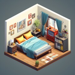 Isometric interior illustration of a modern bedroom set.