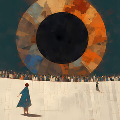 Spectacular Solar Eclipse Captivates a Crowd at Dusk - Stunning Colorful Illustrations - obrazy, fototapety, plakaty