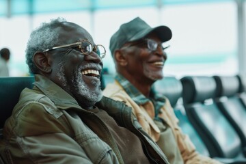 Obraz premium Group of senior African American friends sharing a laugh in an airport waiting area.