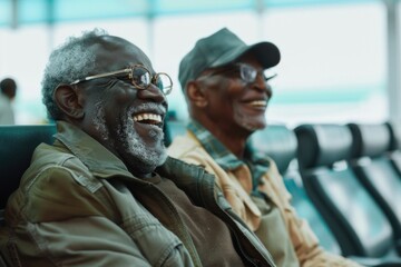 Group of senior African American friends sharing a laugh in an airport waiting area.