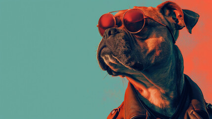 Bull dog illustration in sunglasses, blue and red color scheme