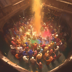 Bright and Colorful Gathering of People Celebrating a Traditional Hindu Event, With Streamers Falling From Above in the Darkened Interior of a Building.