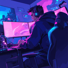Energetic Gaming Enthusiast Immersed in Virtual Adventure with High-Tech Headphones and Multiple Monitors