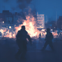 Abstract representation of a nighttime cityscape engulfed in chaos, featuring silhouetted figures amidst flaming structures and smoldering rubble.