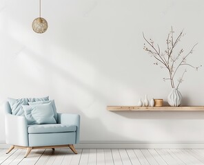 Modern interior design white wall mockup background with light blue armchair and wooden shelf minimal style home room interior background