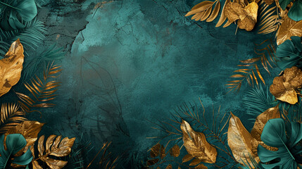 Tropical plants and golden leaves on a dark green background with copy space, a luxury wallpaper design for a wall mural or poster print