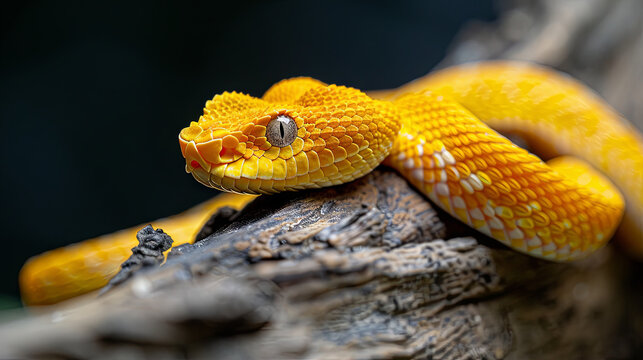 A yellow snake rested atop a tree limb, its gaze fixed forward