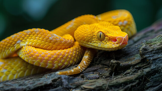 A yellow snake sits on a tree branch, its gaze fixed forward