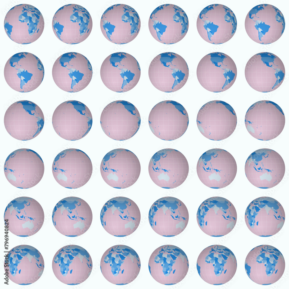 Poster collection of earth globes. normal sphere view. rotation step 10 degrees. colored countries style. w